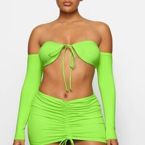 SKIMS Swim Long Sleev Off-Shoulder Neon Green Bikini Top Size XL NWT